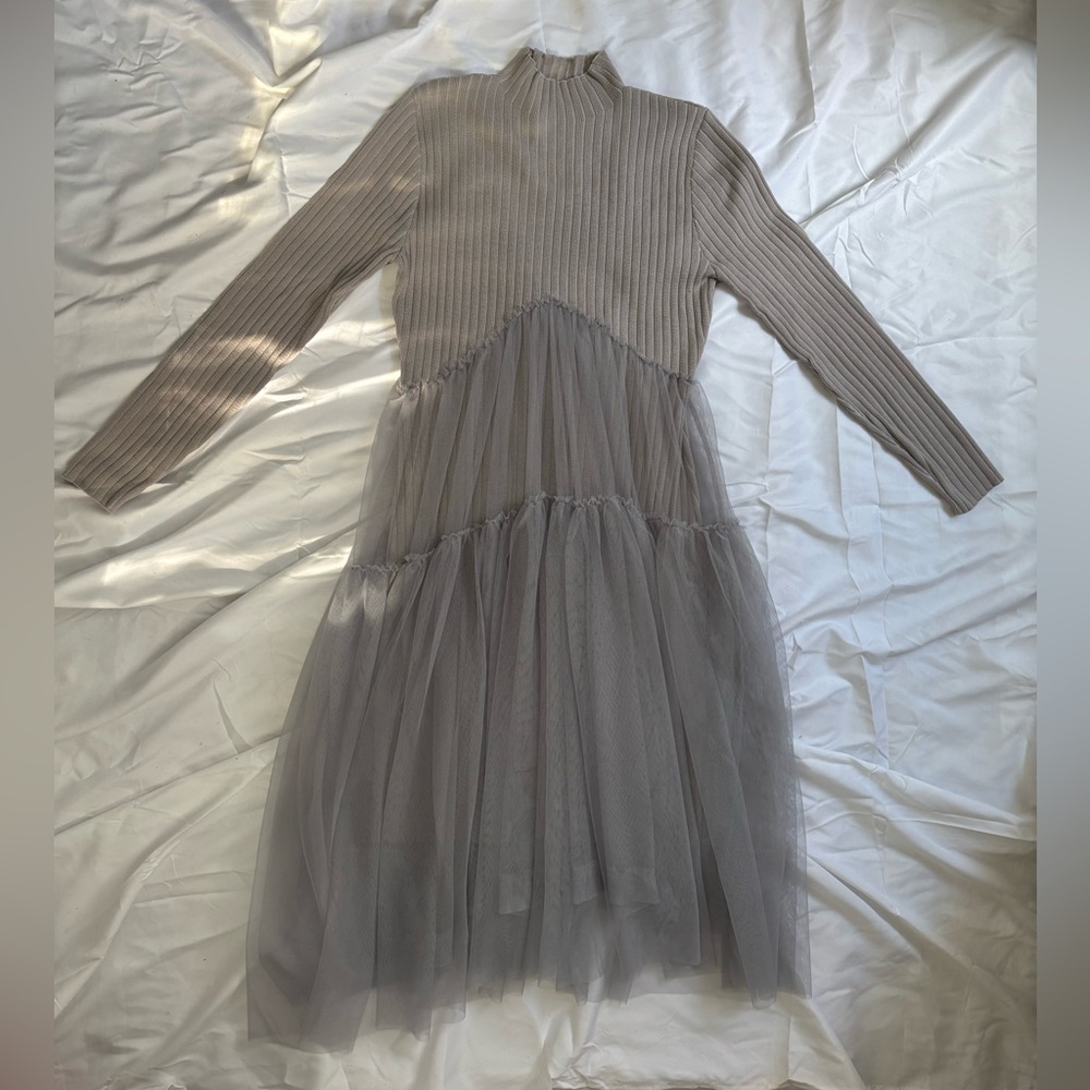 Gray Ribbed Turtleneck Dress with Shear Tulle Skirt